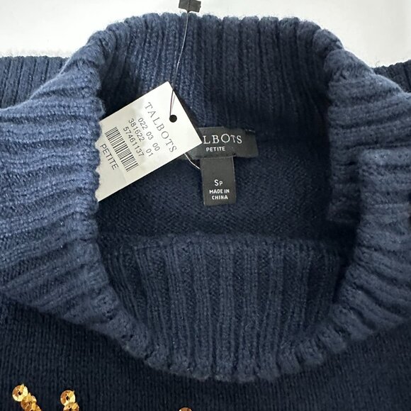 NEW | Talbots Blue Mockneck Sequin Reindeer Sweater NWT | S Petite | Holiday - Picture 11 of 13